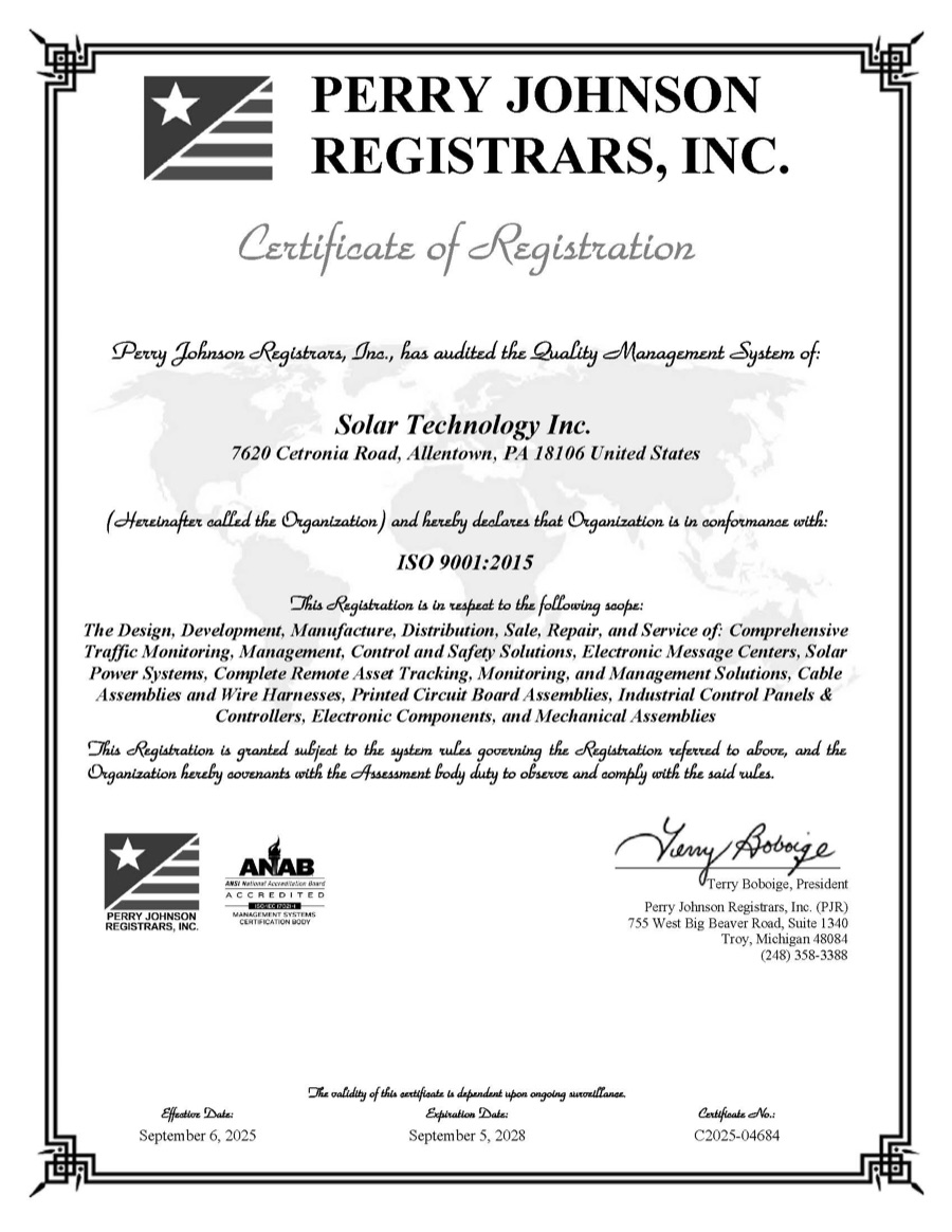 ISO 9001 certificate for Solar Technology, Inc.