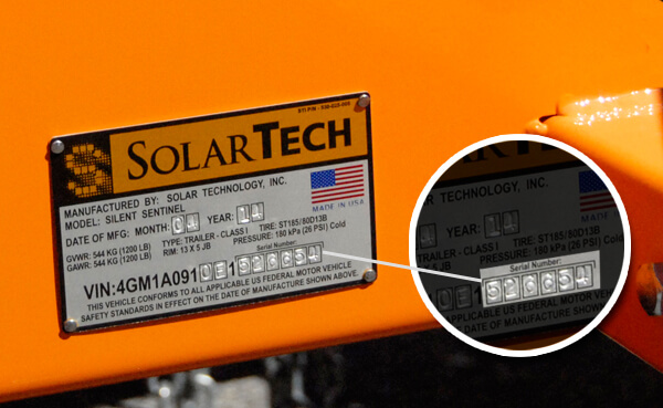 Serial number location on a SolarTech trailer's plate