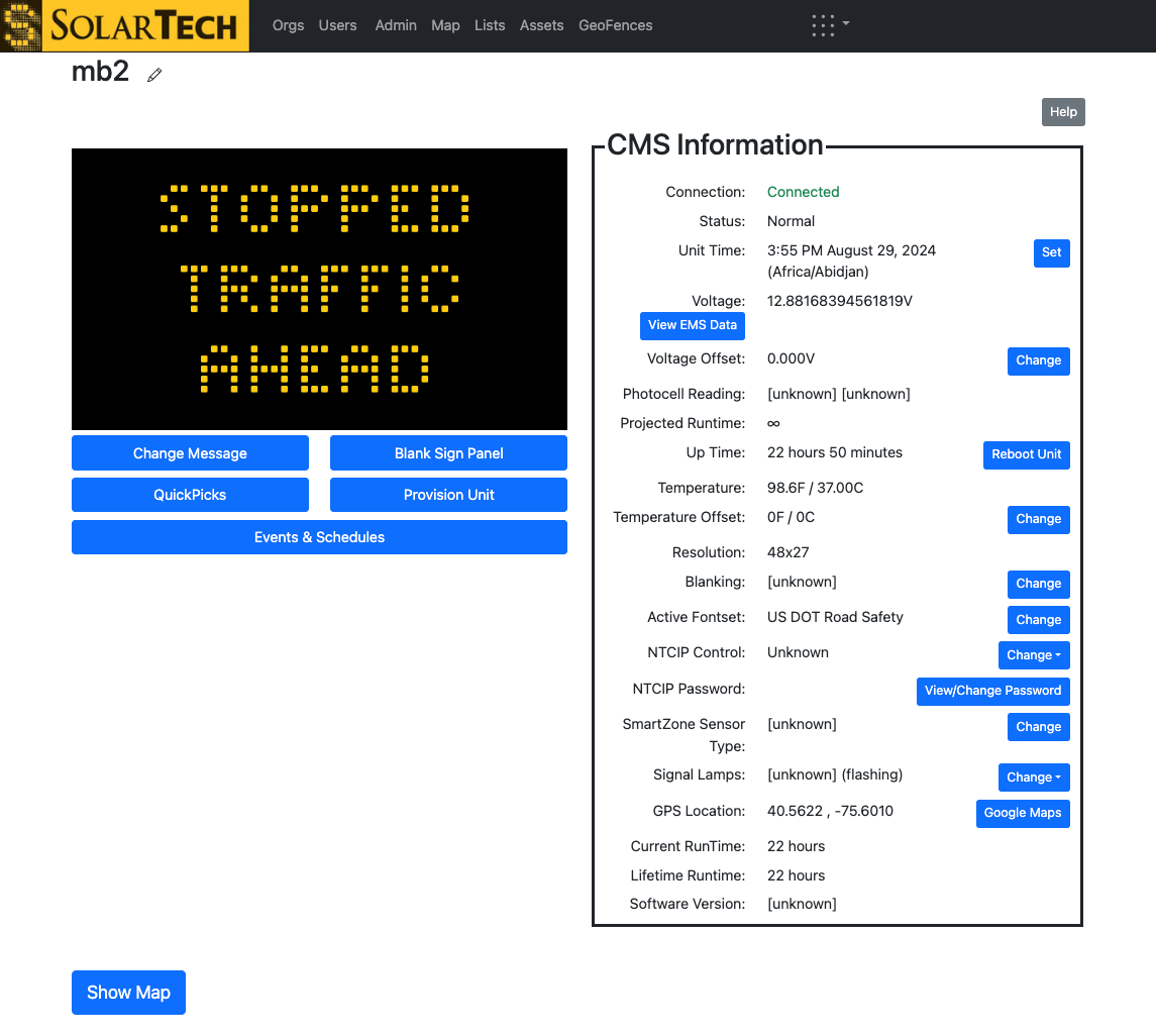 Command Center showing a message board's status, message and settings