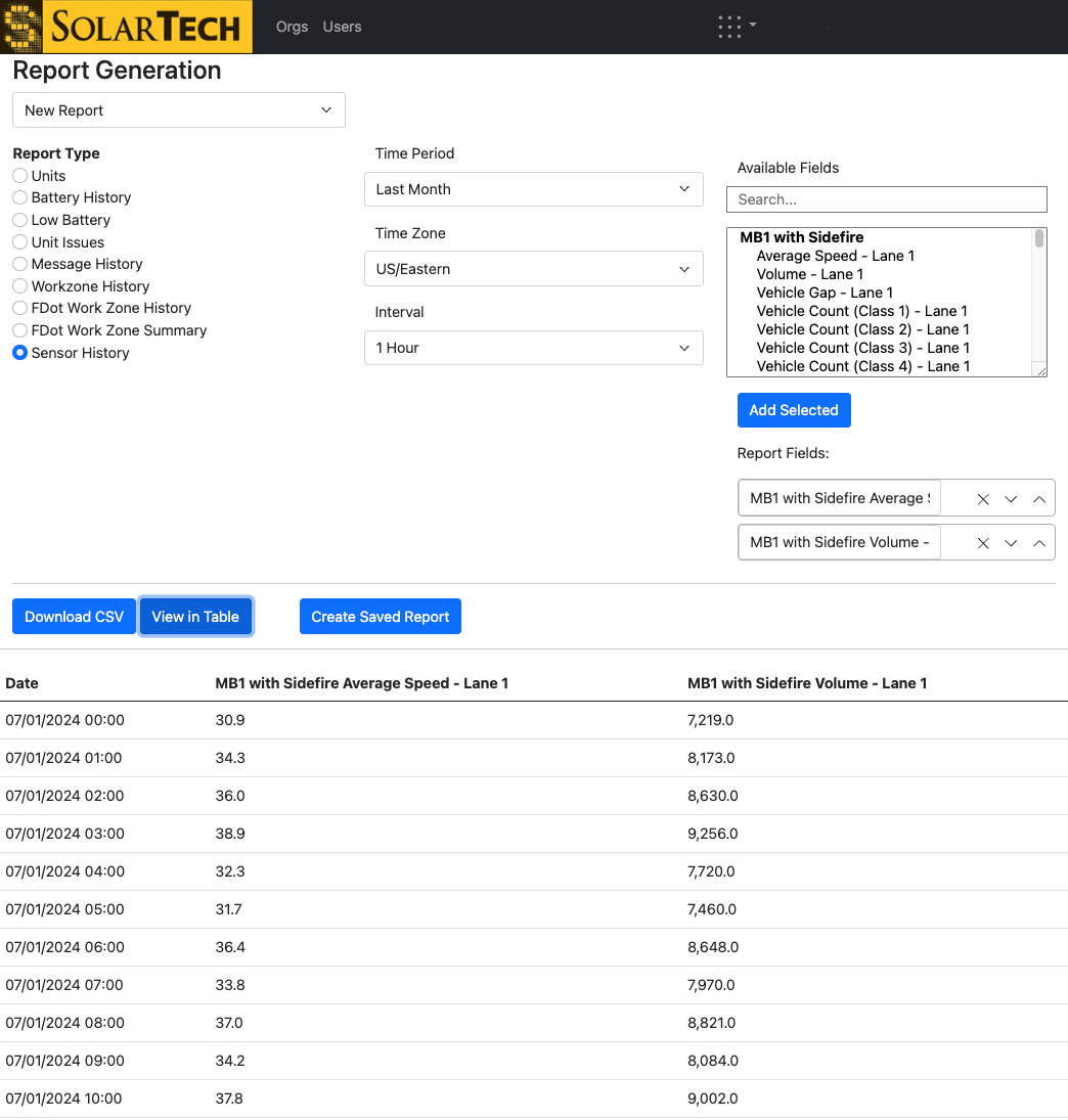 The report generation screen with a table of speed and volume results