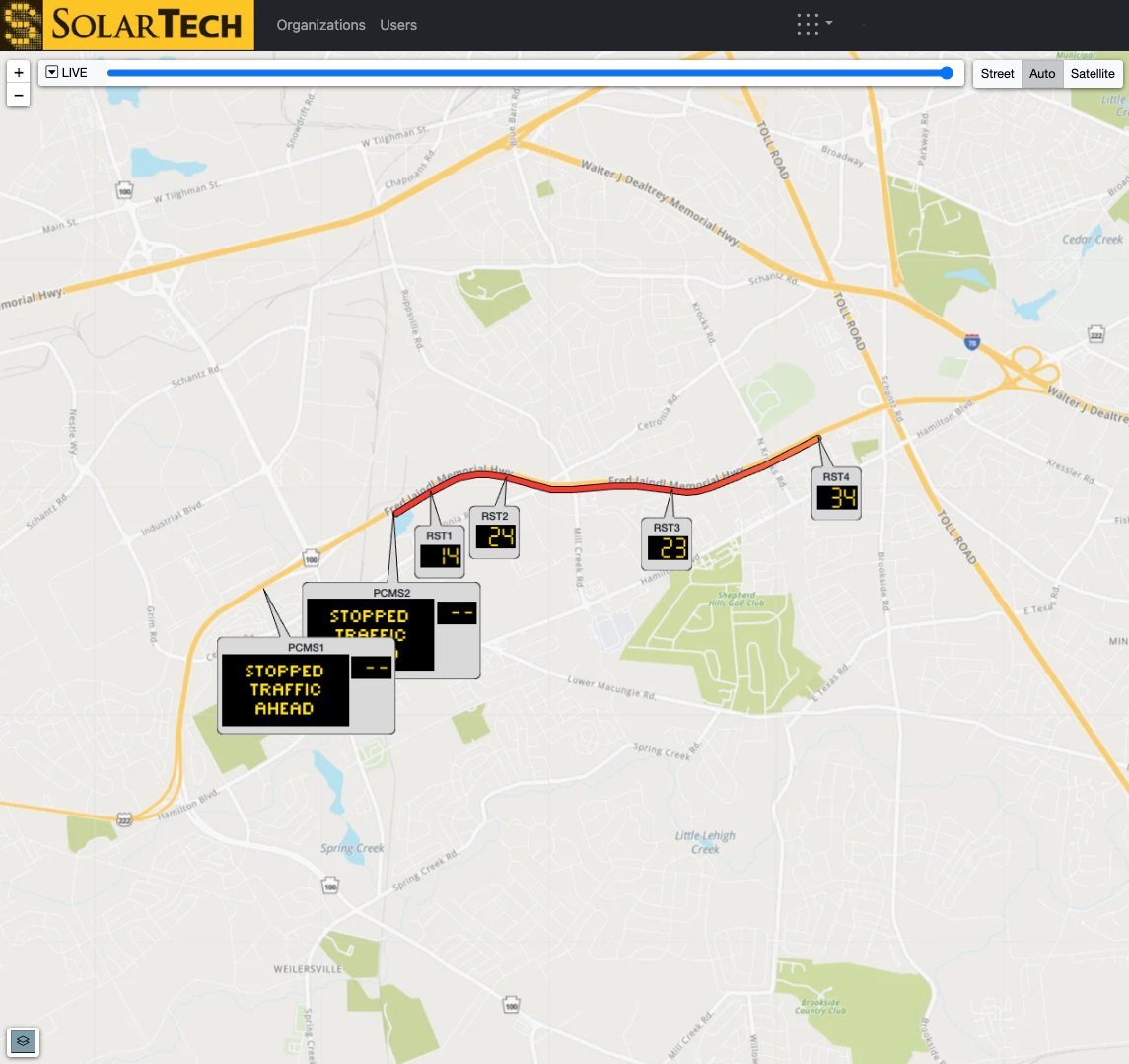 Work Zone Live map showing a work zone with its message boards and their messages