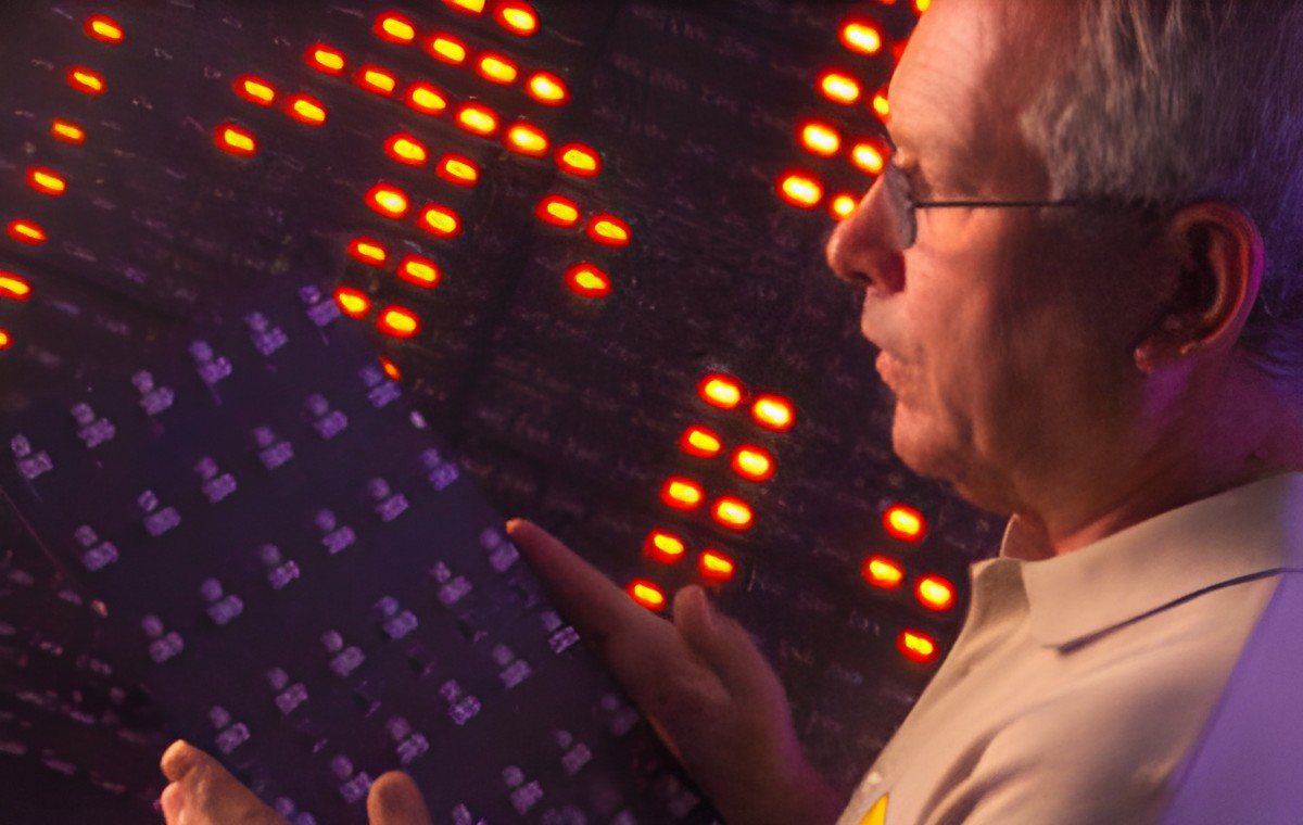SolarTech founder Byron Zerphy examining a circuit board of LEDs